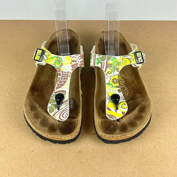 Birkenstock Papillio Gizeh Floral Print Toe Post Sandals Womens 9 Yellow Green - Picture 2 of 9